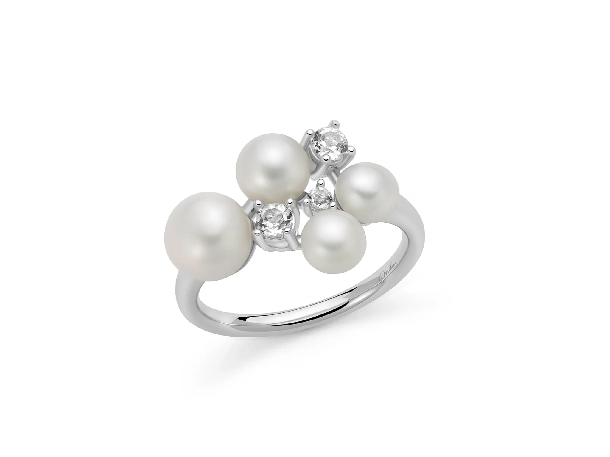 Anello Andromeda con quattro perle Oriente e topazi bianchi.