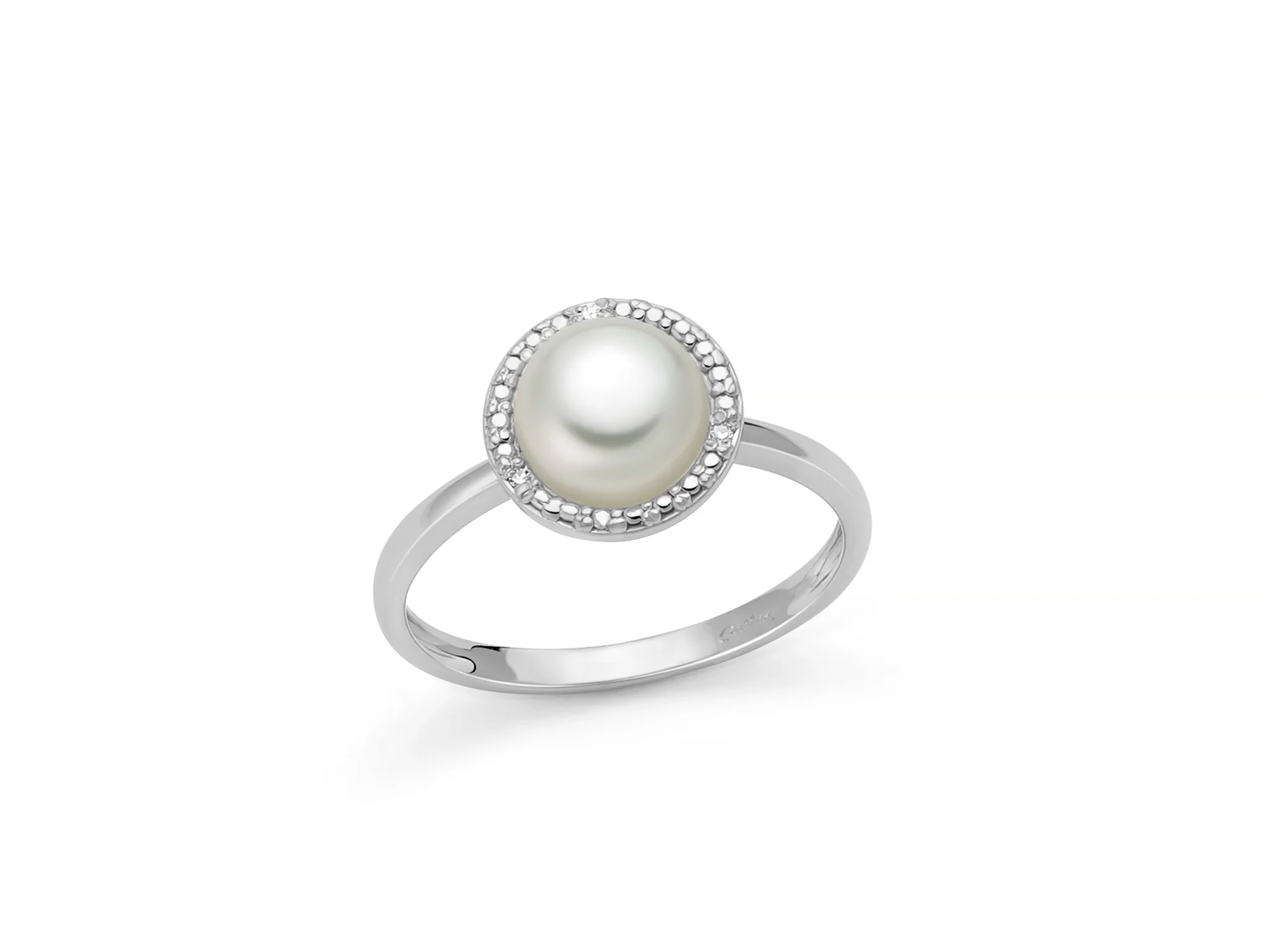 Anello con perla Oriente bottone circondata di oro bianco 375 e diamanti