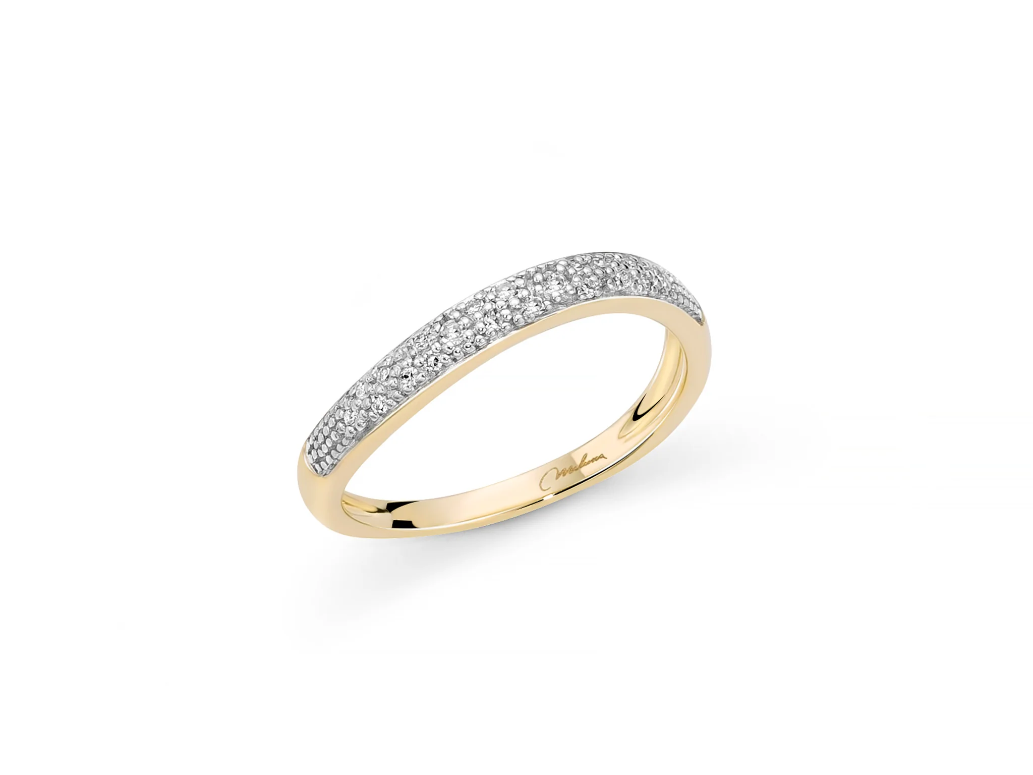 Anello fedina ondulata con pavé di diamanti in oro giallo 375