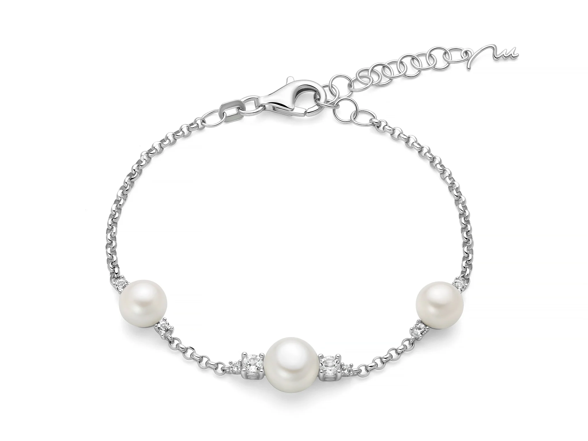 Bracciale Andromeda con tre perle Oriente e topazi bianchi.