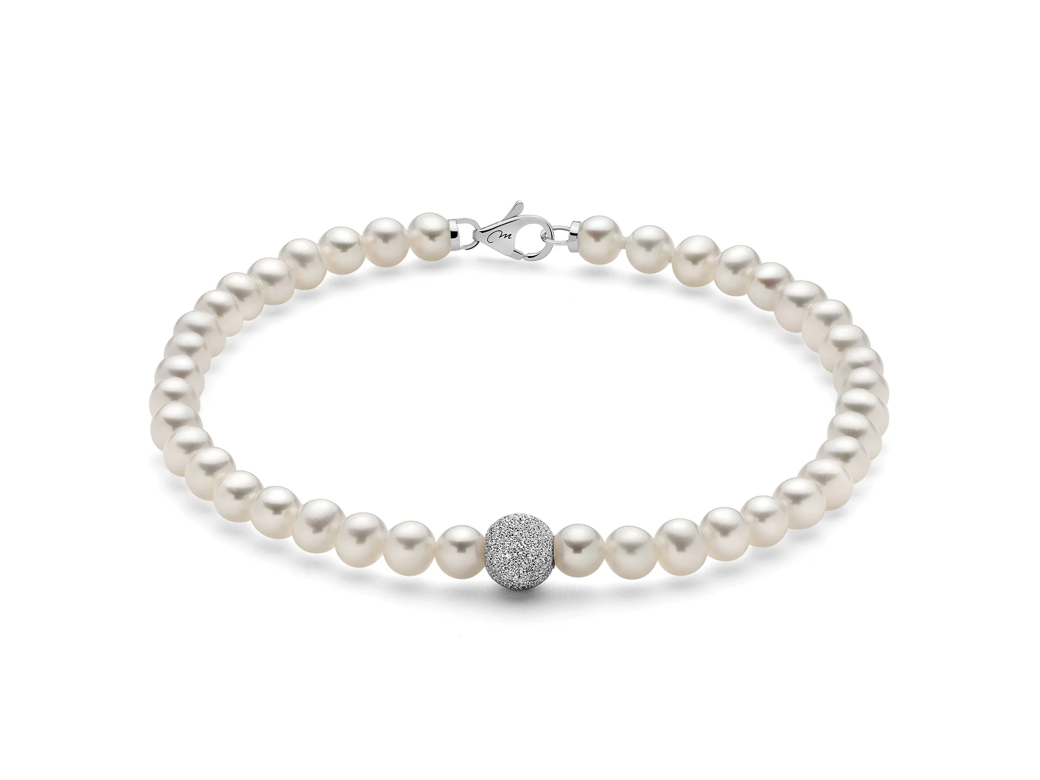 Bracciale di perle Oriente con sfera centrale in oro bianco diamantata