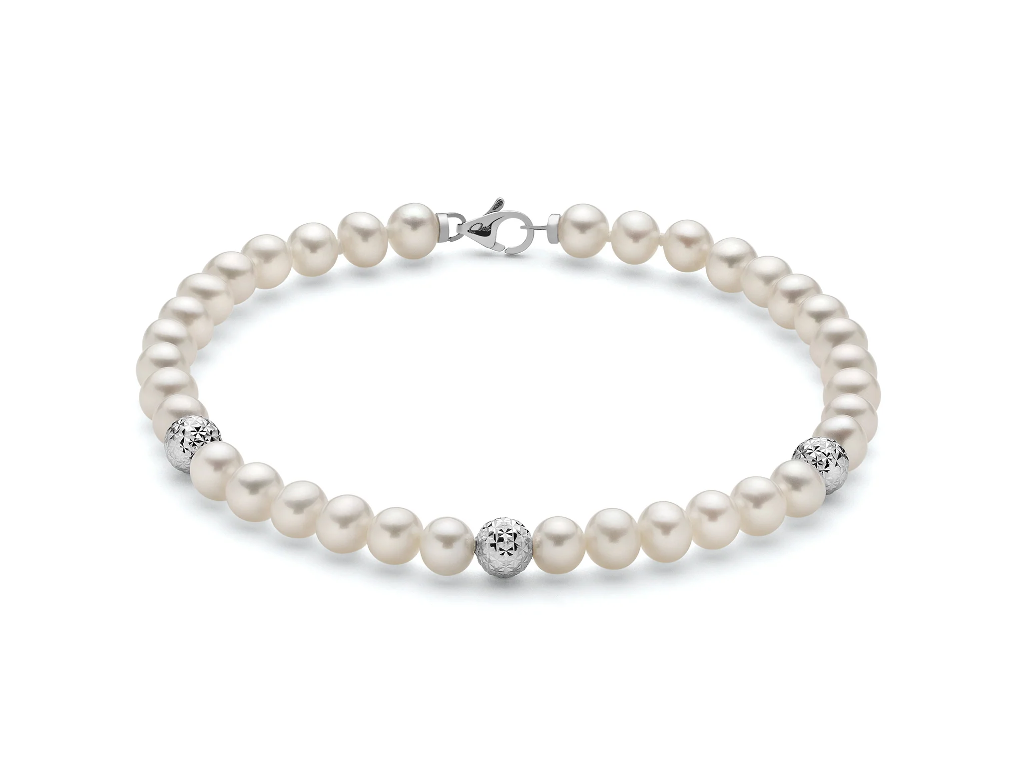 Bracciale di perle Oriente con tre sfere in oro bianco sfaccettate