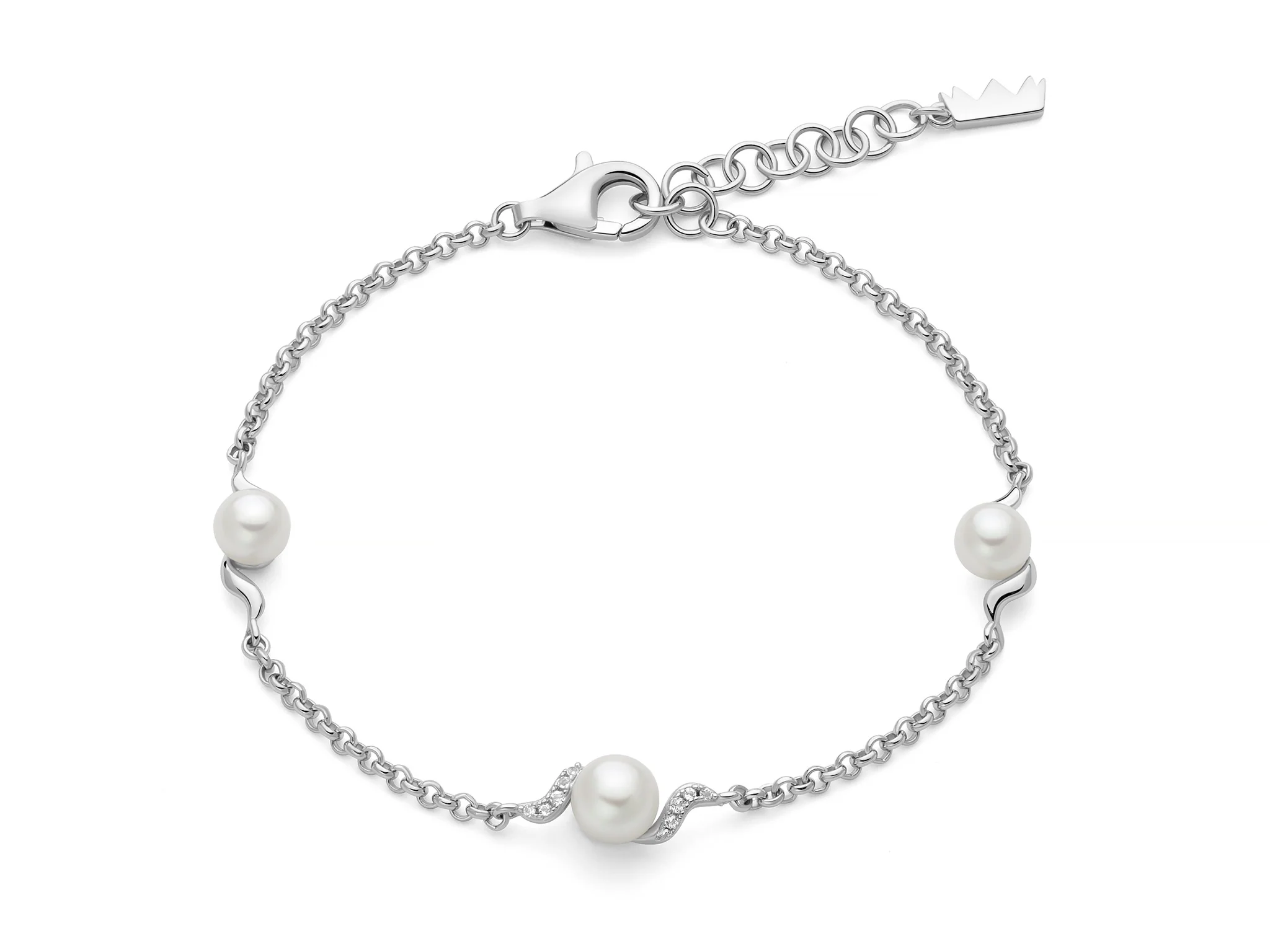 Bracciale Eclissi con tre perle Oriente in sinuosa lavorazione in argento e topazi.