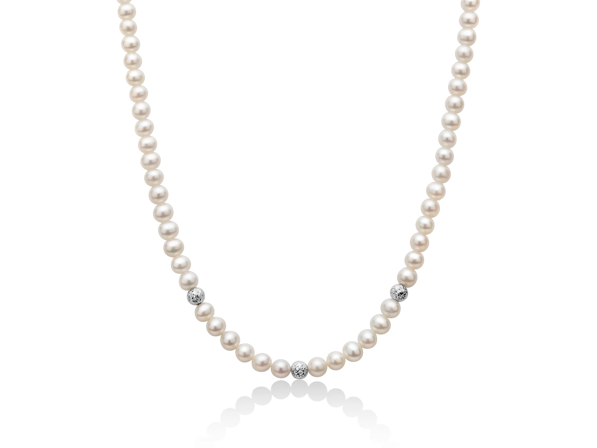 Collana di perle Oriente con tre sfere in oro bianco sfaccettate